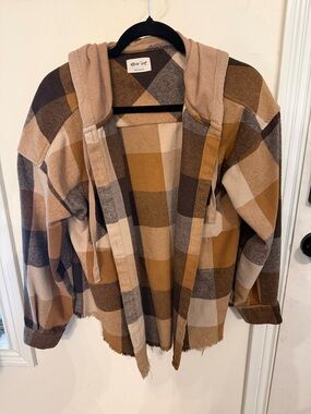 Plaid Hooded Shacket in Brown & Cream